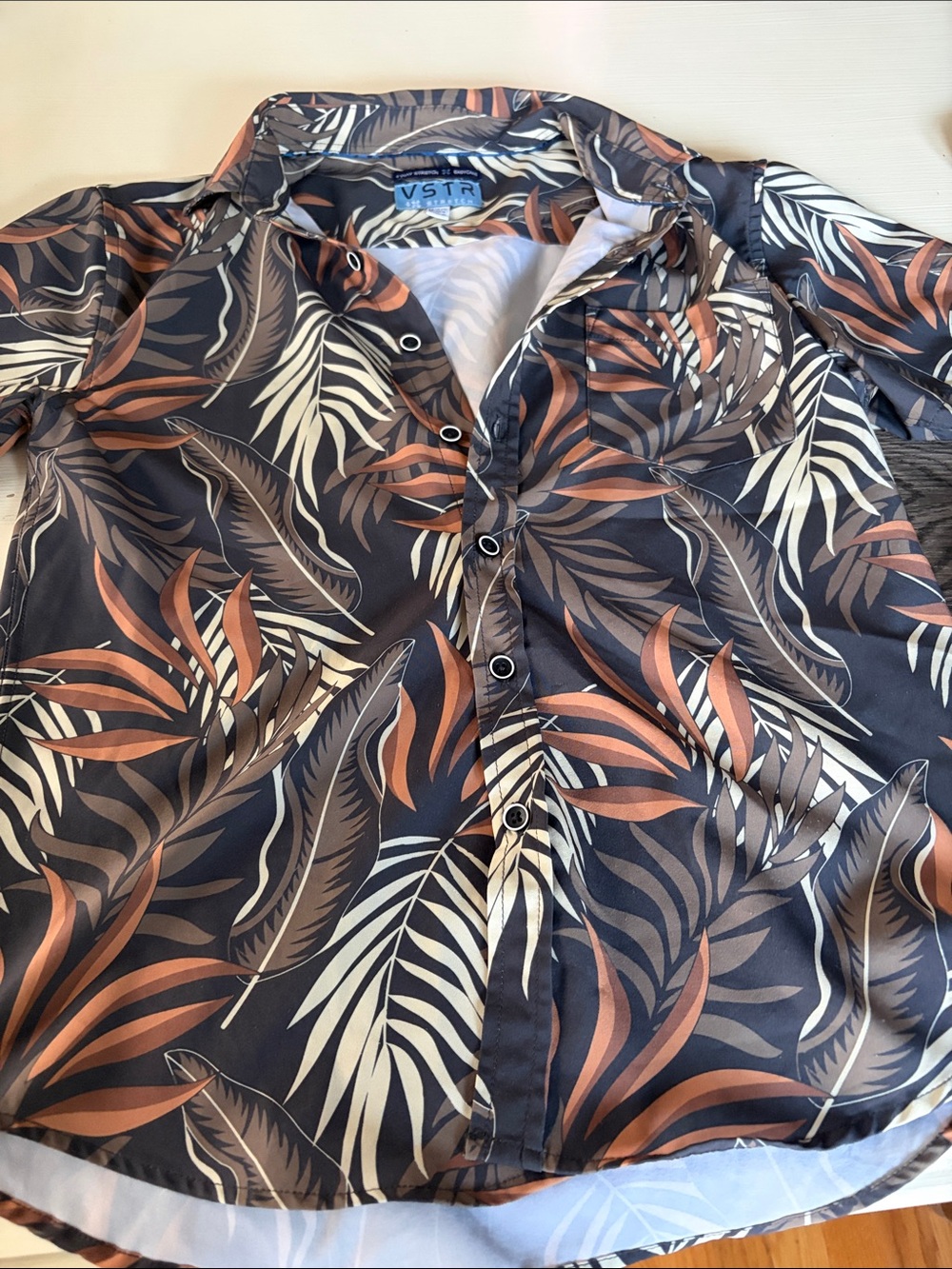 VSTR Kids Tropical Leaf Button-Up Shirt - Navy, Brown & Cream